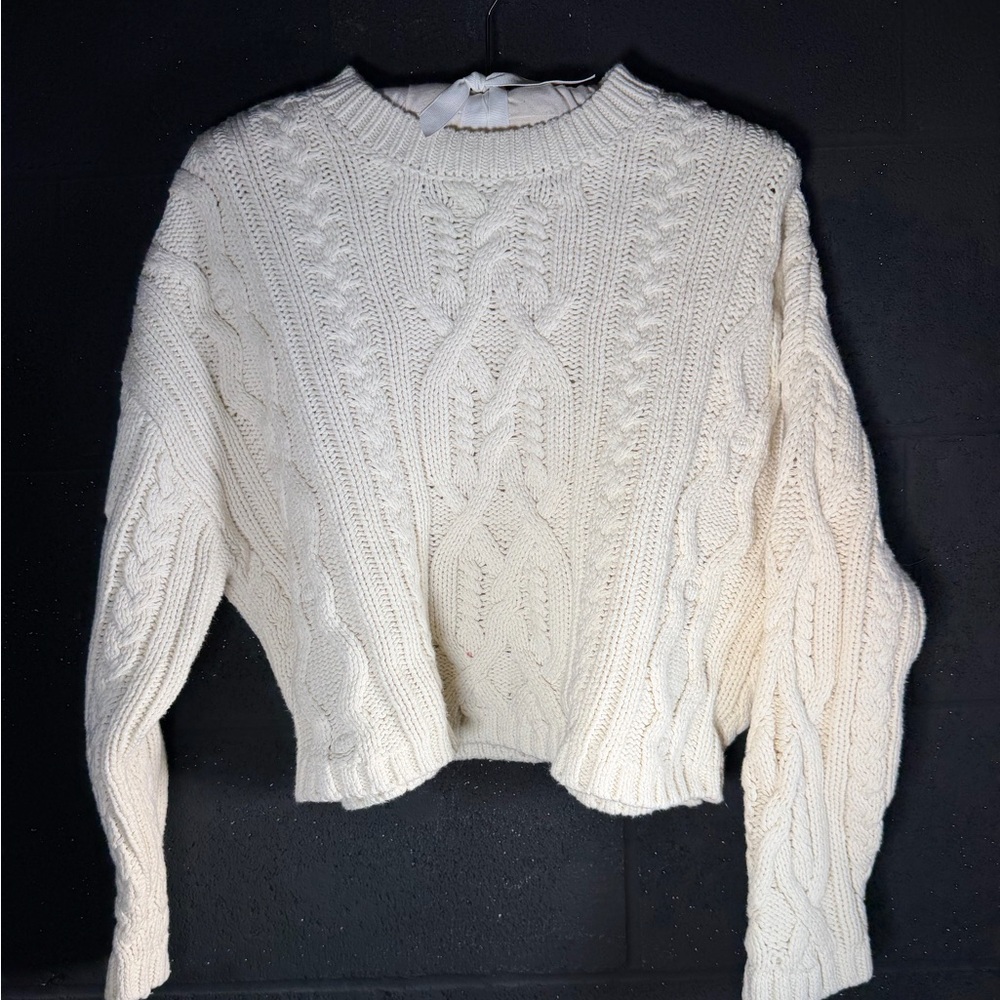 Perfect Cream Cable Knit Women's Sweater - Classic Crop Crewneck